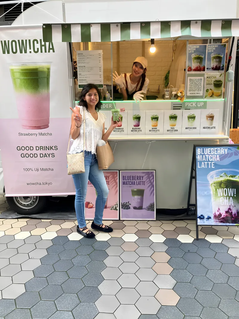 Tourists enjoying matcha drinks at WOW!CHA Asakusa