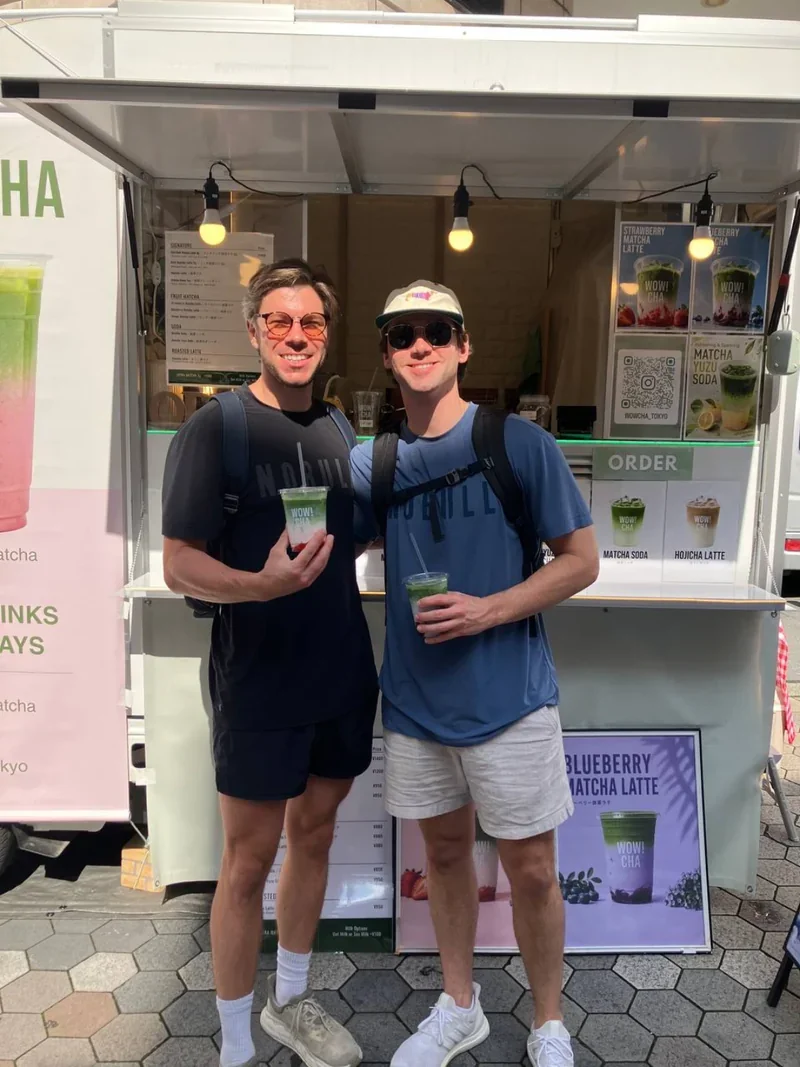 Tourists enjoying matcha drinks at WOW!CHA Asakusa Rokku Broadway