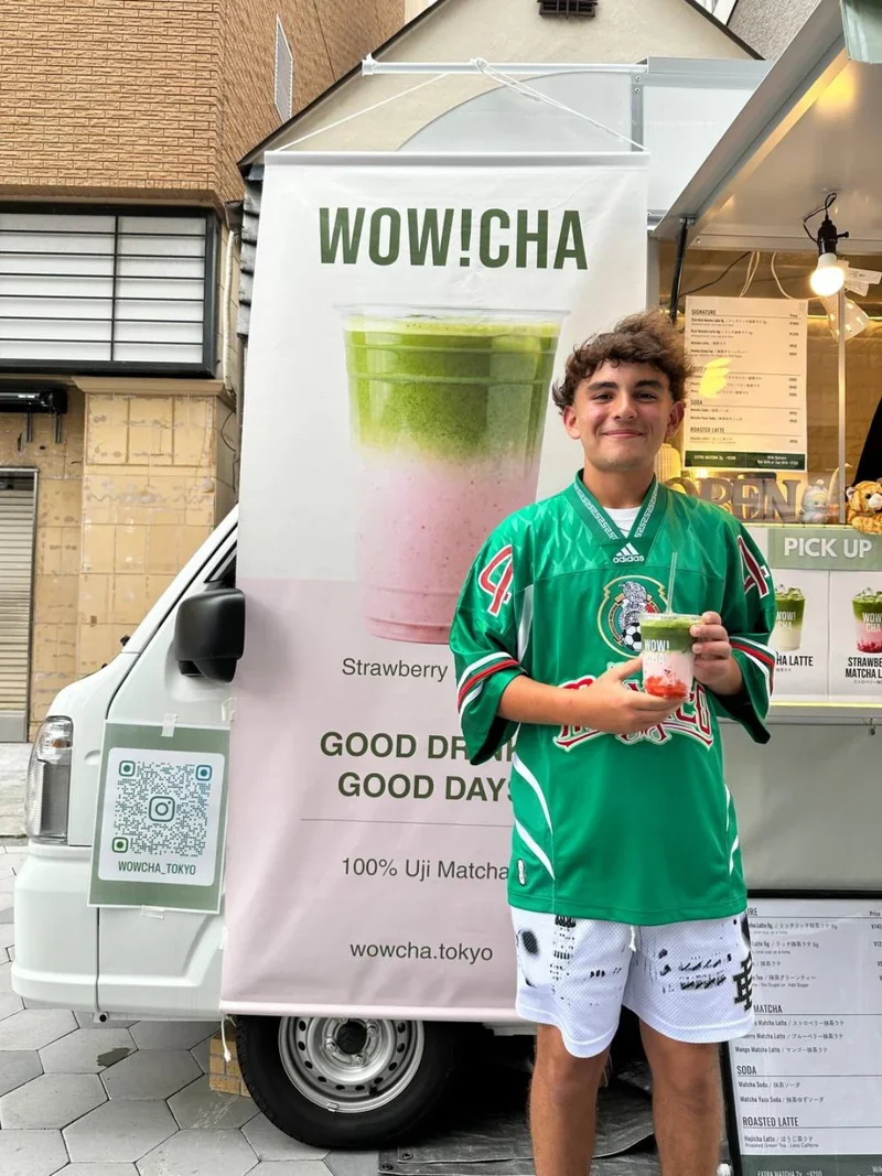 Tourist with Strawberry Matcha Latte at WOW!CHA Asakusa Tokyo