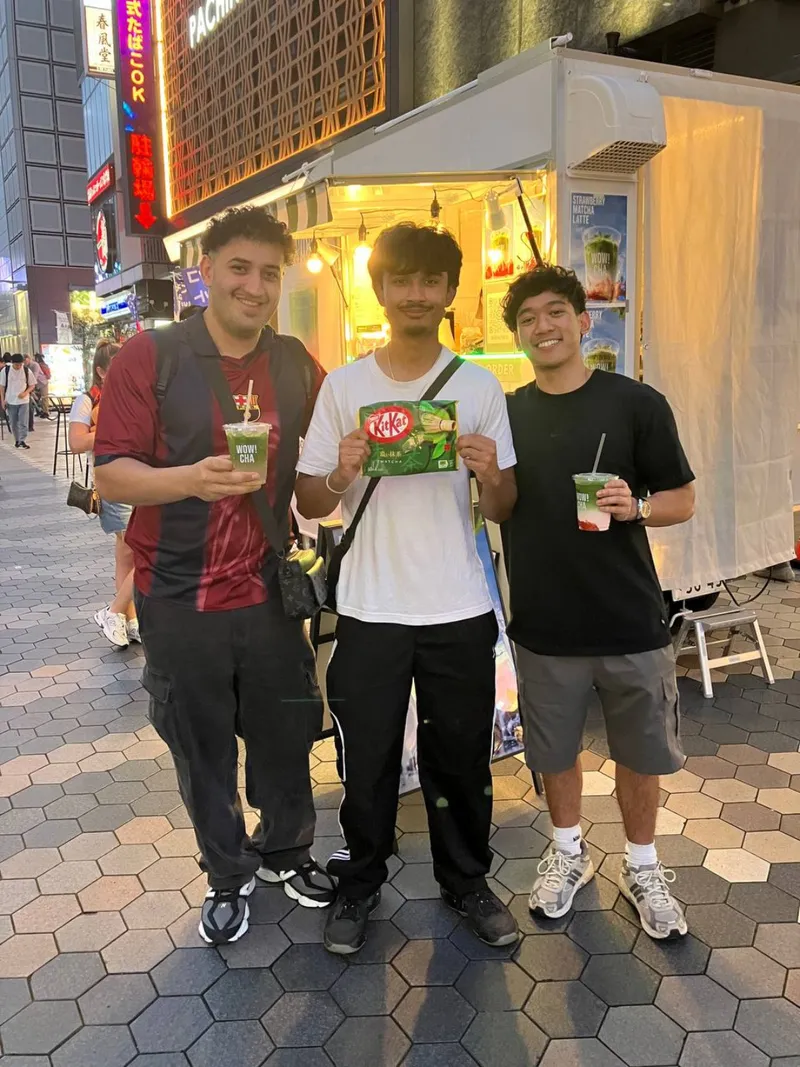Friends with matcha drinks and matcha KitKat at WOW!CHA Asakusa Tokyo
